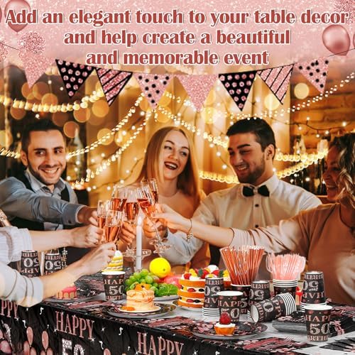 Funnymoom 452 Pcs 50th Birthday Decorations for Women Black and Rose Gold 50th Birthday Paper Plates Cups Napkins Tablecloth Cutlery Straws for Girls Women 50 Year Old Party Supplies for 50 Guests - Image 5