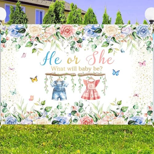 He or She Gender Reveal Background 10 x 8 ft Watercolor Flower Backdrop Large Boy or Girl Banner Newborn Baby Shower Baptism Kids Birthday Photography Props Decoration Polyester - Image 3