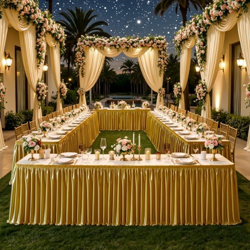 14ft Length Dark Gold Satin Table Skirt for Rectangle Tables-Wrinkle Resistant Ruffle Table Skirting Glitter Desk Cover Skirt for Birthday Party Wedding Banquet Display Gift Dining Table Decorations - Image 5