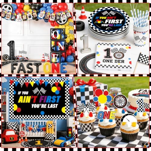 Fast One Birthday Decorations for Boys Racing Car First Birthday Party Supplies Tableware Cars Birthday Paper Plates Napkins Forks Backdrop Balloon Banner Balloon Boxes - Image 7