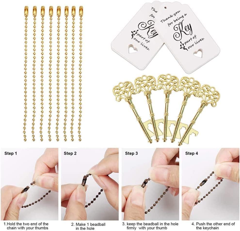 100 PCS Key Bottle Openers,Vintage Skeleton Key Bottle Opener,Wedding Favors Bottle Opener with Tag Cards and Key Chains(Gold) - Image 3