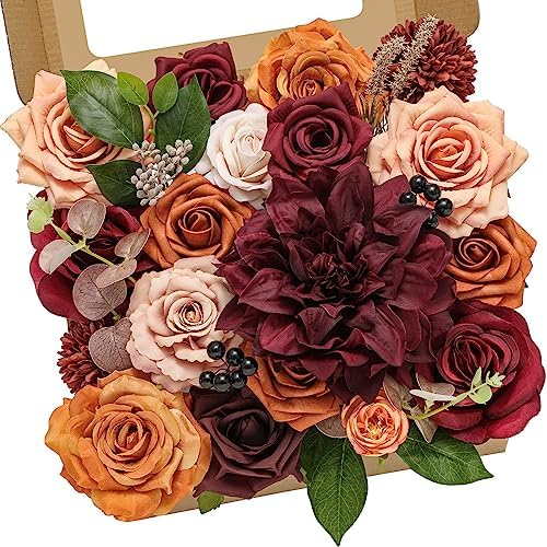 Serwalin Artificial Fall Flowers, Burgundy Orange Silk Flowers for Wedding by Serwalin
