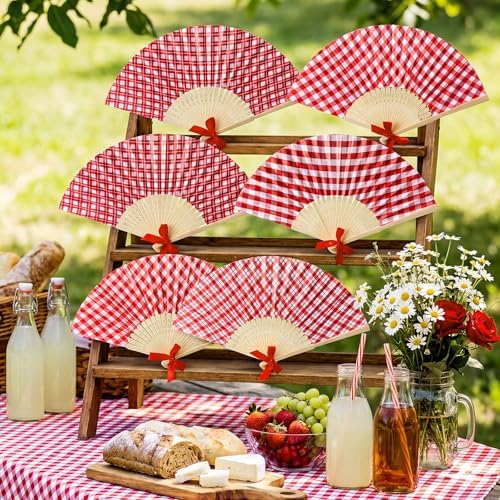 Roowest 36 Pcs Red Gingham Hand Fans Bulk, Checkered Picnic Paper Fans - Image 5