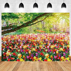 8x6ft Spring Backdrop Blooming Floral Photography Background Colorful Flowers Green Trees National Park Nature Scenery Wedding Banner Decorations Kids Birthday Portrait Photo Booth Prop - Image 2