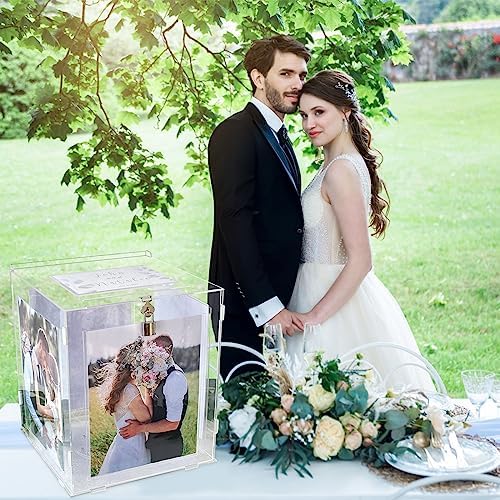 OurWarm Acrylic Wedding Card Box with Picture Frame for 8x10 Photos, Large Rotatable Envelope Post Money Gift Box Holder with Lock Slot for Reception Anniversary Graduation Birthday Party Baby Shower - Image 4