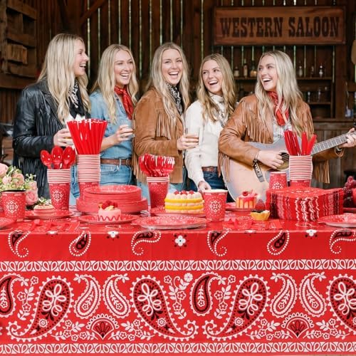 Funnymoom 452 Pcs Red Bandana Western Party Decorations for 50 Guests, Red Bandana Paper Plates Cups Napkins Tablecloth Cutlery Straws for Cowboy Cowgirl Farm Baby Shower Birthday Party Supplies - Image 4