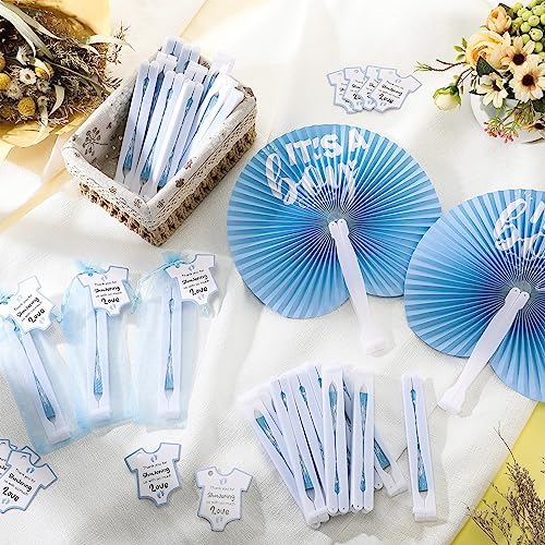 Redbaker 50 Sets Baby Shower Folding Handheld Fans Girl Boy Paper Round Shaped Accordion Fans with Baby Shower Favor Tags and Organza Bags for Guests Gender Reveal Party Favors Gifts (Blue) - Image 4