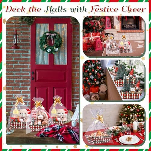 Nuogo 12 Pack Christmas Basket for Gifts Empty 9.8 x 6.5 Inch Bulk Gift Baskets Empty to Fill Cardboard Trays with Basket Bags, Pull Bows for Christmas Holiday Birthday Party Gifts(Plaid Style) - Image 5