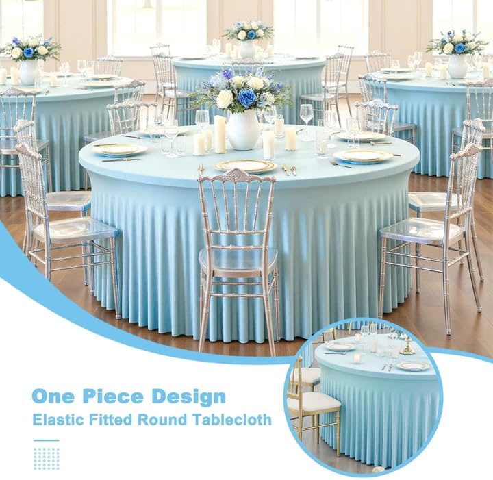 GALLETY 4 Pack Baby Blue Round Tablecloths for 6FT Tables, 132 inch Fitted Round Tablecloth with Skirt, Wrinkle Free Stretchy Table Cloth for Easter Party, Family Reunion & Spring Events - Image 3