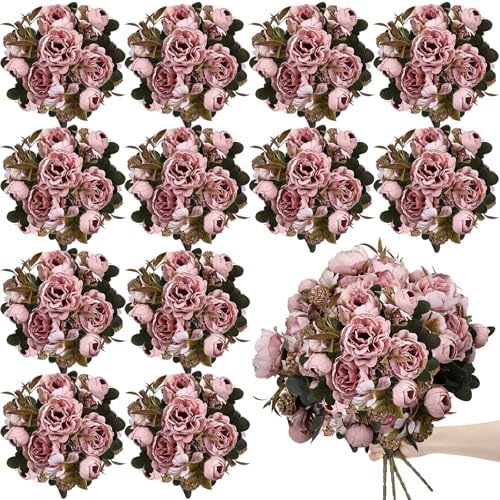 12 Bundles Peonies Artificial Flowers - Pink by TOBILU
