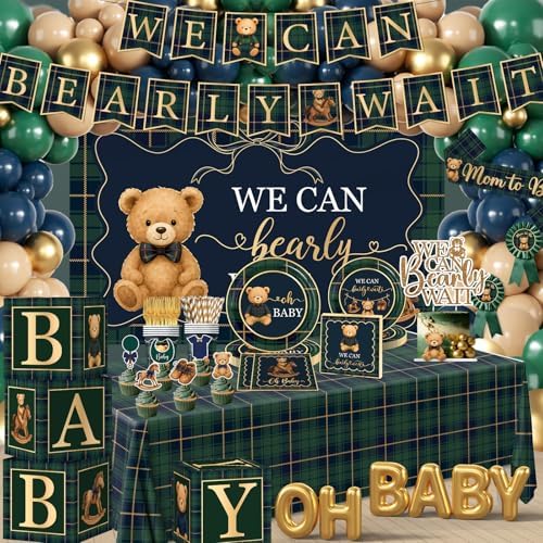 Bear Baby Shower Decorations,Tartan Plaids Teddy Bear Baby Shower Decor, Luxury Equestrian Bear Baby Shower Mom to Be Sash,Balloons,Boxes,Plates,Napkins,Backdrop for Vintage Baby Shower Gender Reveal - Image 3