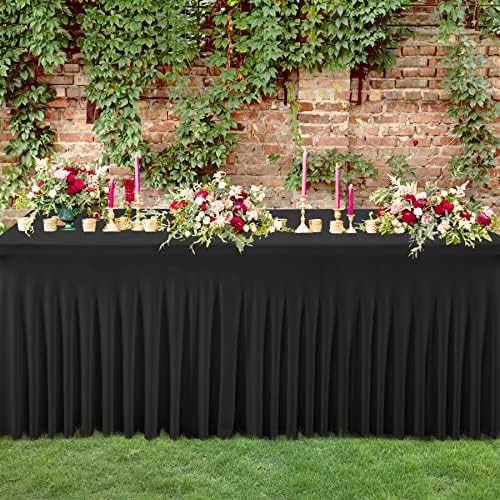 Besutolife 8ft Black Tablecloths Rectangle Spandex Tablecloth Wrinkle-Resistant Ruffles Design for Banquets Parties Wedding Dining Table - Image 2