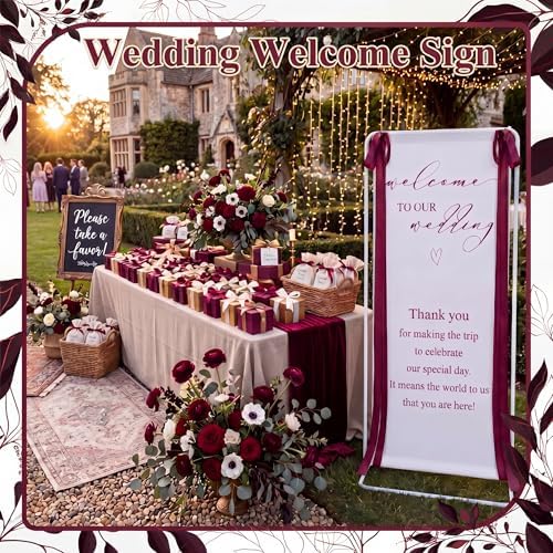 Wedding Welcome Linen Sign Stand with Satin Ribbon(Red) - Image 2