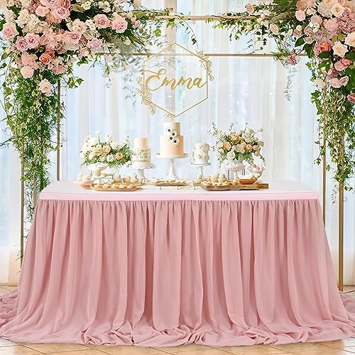 14FT Chiffon Table Skirt Sheer Tablecloth for Wedding 1st Baby Girl Birthday Party Bridal Shower Decoration Dusty Rose - Image 5