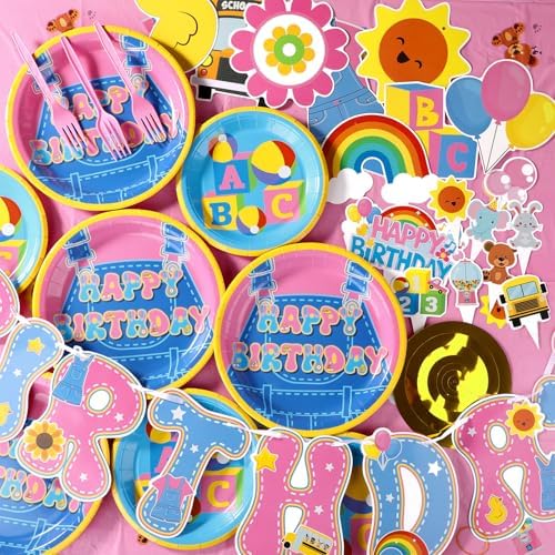 156Pcs Girls Birthday Party Decoration Set Cartoon Teacher Paper Plates and Napkins Happy Birthday Banner Hanging Swirls Cupcake Toppers Tablecloth for Girls Baby Shower English Teacher Party Supplies - Image 4