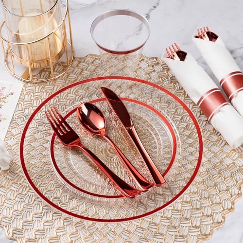 Goodluck 700 Pcs Clear Red Plastic Dinnerware Sets for Party for 100 Guests - Image 5