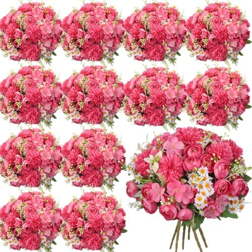 Tigeen 12 Bundles Peonies Artificial Flowers Faux Roses, Rose Pink by Tigeen