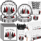Funnymoom 452 Pcs Christmas Tree Party Supplies for 50, Black Buffalo Plaid Gingham Christmas Paper Plates Napkins Cups Tablecloth Cutlery Straws Tableware Set for Xmas Holiday Party Decorations by Funnymoom