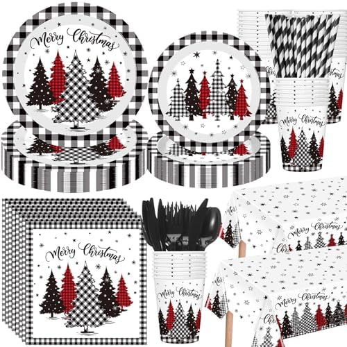 Funnymoom 452 Pcs Christmas Tree Party Supplies for 50, Black Buffalo Plaid Gingham Christmas Paper Plates Napkins Cups Tablecloth Cutlery Straws Tableware Set for Xmas Holiday Party Decorations by Funnymoom