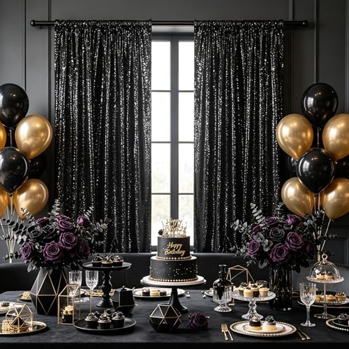 Black Glitter Sequin Backdrop Curtains 8ftx8ft Photo Drapes - Image 2