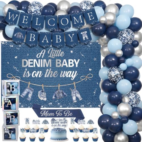 A Little Denim Baby Is On The Way Baby Shower Decorations Kit Includes Backdrop Banner Balloon Boxes Mom To Be Sash Cake Toppers 75 Balloons Denim And Diamond Gender Reveal Decor for Boy by Diartpaint