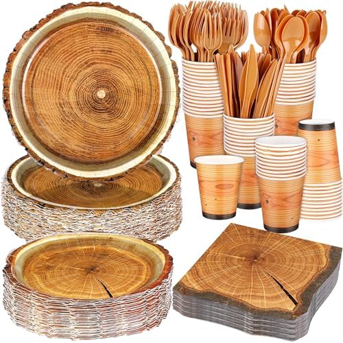 durony 350 Pieces Camping Wood Grain Slice Tableware Set Rustic Camo Hunter Plates Napkins Cups Cutlery Hunting Birthday Party Decorations Lumberjack Dinner Camping Party Decorations Serve 50 Guests by durony