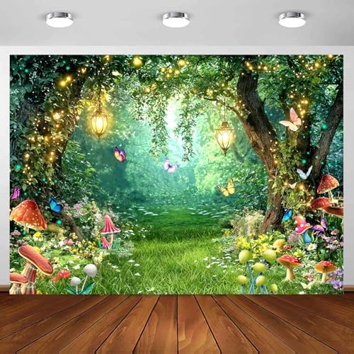 Enchanted Fairytale Forest Backdrop for Photography Fairy Tale Wonderland Garden Backdrops for Photoshoot, Mushroom Butterfly Woodland Party Decorations Photo Booth Studio Props Backdrops 10X8FT by Viajar