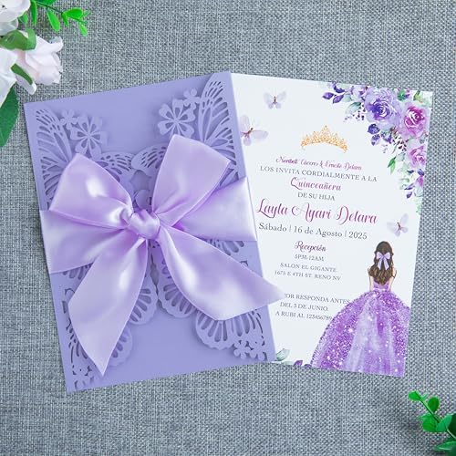 20 PCS 5.12x7.2 Butterfly Personalized Quinceanera Invitation, Customized XV Anos Laser Cut Invitation Cards with Envelopes (Violet Personalized) - Image 2