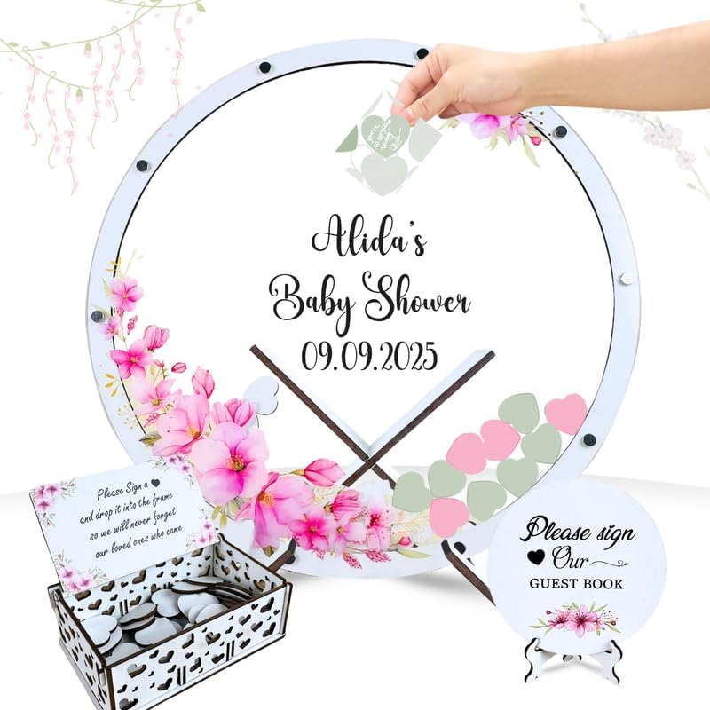 Baby Shower Guest Book Alternative, Circle Floral Wood Drop Heart Box Sign by Handmade