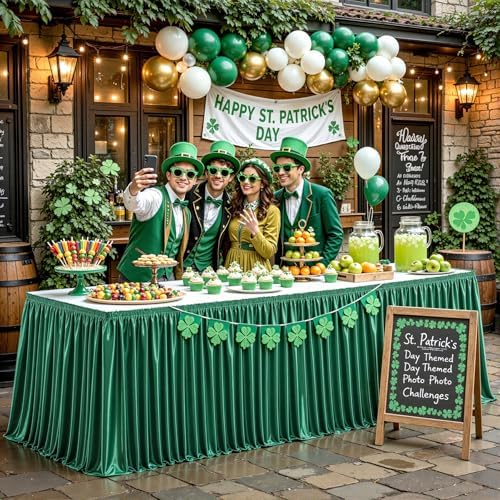 14ft Length Satin Green Table Skirt Rectangle Tables, Wrinkle Free Pleated Ruffle Table Cloth Glitter Desk Skirting for Weddings Birthday Party Satge Banquet Dining Table Decorations - Image 7