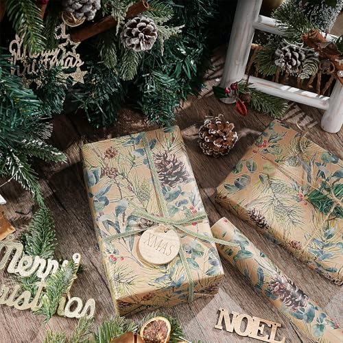 RUSPEPA 30" X 32.8' Kraft Christmas Wrapping Large Paper Roll, Jumbo Roll, Watercolor Pinecone and Eucalyptus Leaf Design, Kraft Gift Wrap for Christmas, Winter Holiday Party, Rustic Natural Theme - Image 4