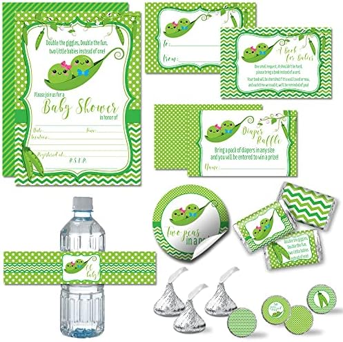 Amanda Creation Two Peas in a Pod Invitations, 20 Baby Shower Invitations for Boy and Girl Twins with Envelopes, Diaper Raffle, Book Request & Sticker Bundle by AmandaCreation