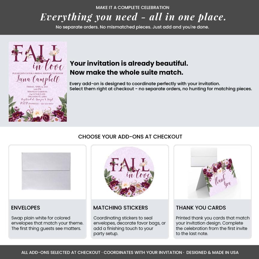 Amanda Creation Fall in Love Bridal Shower Invitations, 20 Personalized 5x7 Purple Bridal Shower Invitations with Envelopes, Purple Peony Autumn Design - Image 6