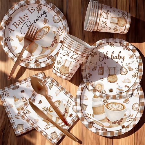 168PCS Coffee Baby Shower Party Supllies A Baby Is Brewing Party Decorations Cafe Themed Gender Reveal Tableware Plates Cups Napkins Cups Dinnerware for 24 Guests - Image 3