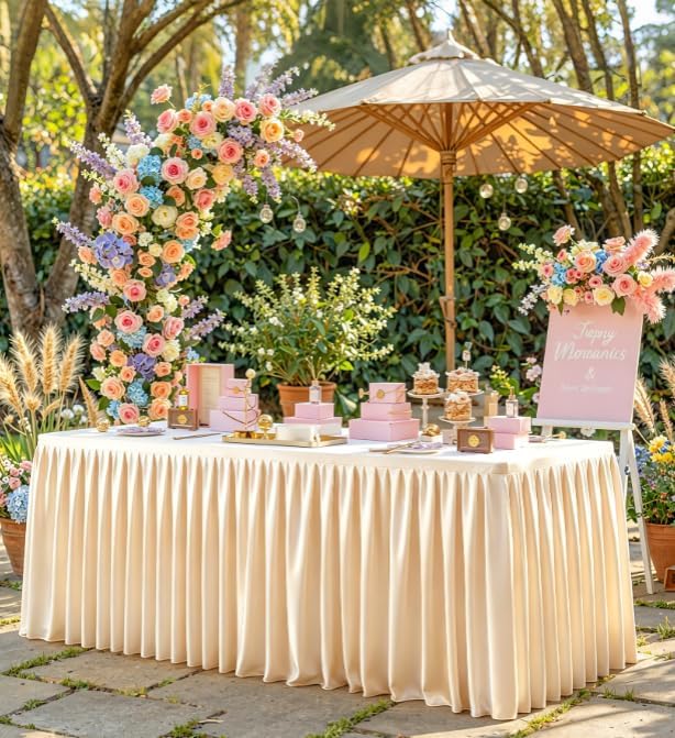 Champagne Polyester Table Cloths for Rectangle 8 Foot Tables, 1 Pack Wrinkle Free Tablecloths Stretchy Banquet Ruffle Fitted Table Cover Desk Skirt for Parties Wedding Birthday Baby Shower - Image 2