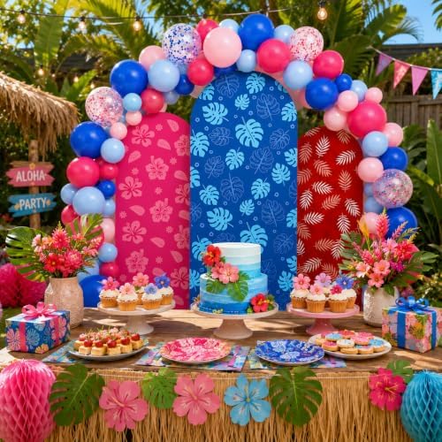 Cinrobiye 50PCS Tropical Summer Arch Backdrop Cover Set for 4FT 5FT 6FT Round Stands, Spandex Hawaii Party Backgrounds with Balloon, Beach Birthday, Pool Party, Hawaiian Luau Photo Booth Decor - Image 4