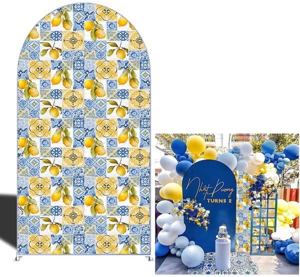 Curved Top Arch Cover Backdrop 4x7ft Mediterranean Portuguese Patchwork Tile Theme Spandex Background for Birthday Wedding Shower Banquet Porcelain Party Decoration by FiVan