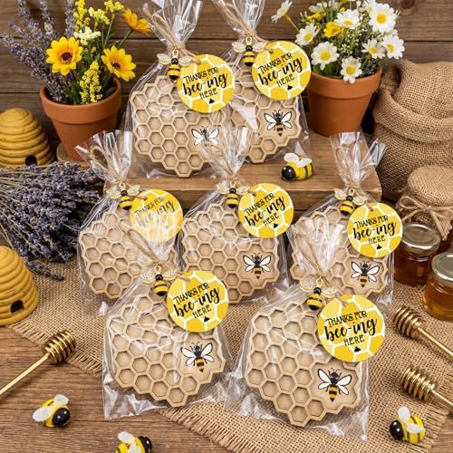 24 Sets Bee Party Favor Honeycomb Wood Coaster Set with Charm - Image 5
