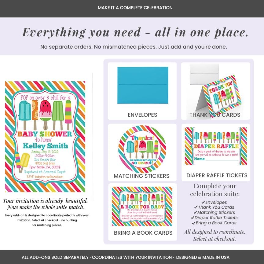 30 Custom Baby Shower Invitations with Envelopes – Personalized Popsicle Summer Chill 5x7 Invite Set | Fully Customizable, Proof Included, Customizable Kit of Matching Thank You Cards, Stickers & Diaper Raffle Tickets | Made in USA - Image 6