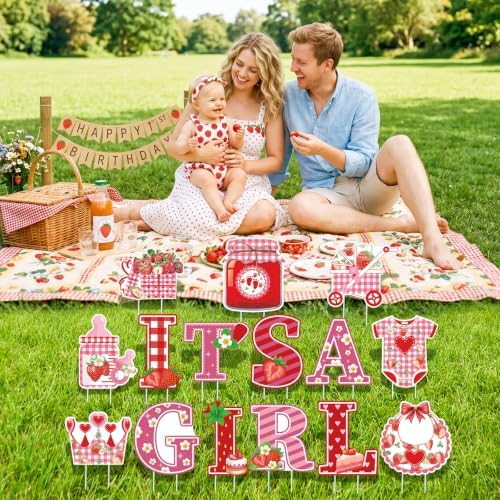 15Pcs Strawberry It's a Girl Yard Signs with Stakes, Berry Sweet Baby Shower Lawn Decorations, Red Pink Gingham Welcome Home Baby Girl Outdoor Sign for Gender Reveal Party Supplies Photo Props - Image 7