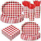 Pajean 350 Pcs Red Gingham Oval Plates and Napkins Party Supplies Red White by Pajean