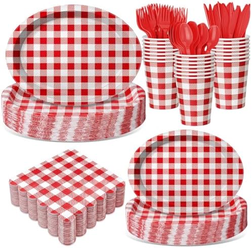 Pajean 350 Pcs Red Gingham Oval Plates and Napkins Party Supplies Red White by Pajean