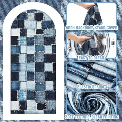 Chunful 3 Pcs Blue Jean Baby Shower Arch Backdrop Cover Baby Shower Photo Background Decor 2-Sided Round Top Cute Backdrop Arch Cover for Wedding Birthday Party Decoration 6 Ft/5 Ft/4 ft (Blue) - Image 3