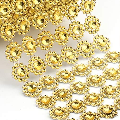 Foraineam 10 Yards / 30 Feet Golden Diamond Ribbon Wrap Faux Rhinestone Crystal Ribbon Flower Shape Mesh Wrap Roll for Event Party Wedding Decoration (Pack of 2) - Image 3