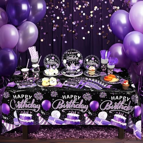 Norme 176 Pcs Purple and Black Birthday Tableware Set Birthday Decoration Includes Tablecloth Paper Plates Napkins Paper Cups Forks Knifes and Straws for 25 Guests Party Supplies (Modern) - Image 4