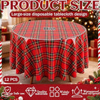 Ganeen 12 Pcs Christmas Tartan Plaid Tablecloth Round 84 in Red Plastic - Image 4