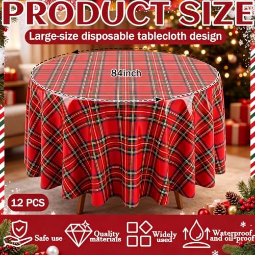 Ganeen 12 Pcs Christmas Tartan Plaid Tablecloth Round 84 in Red Plastic - Image 4