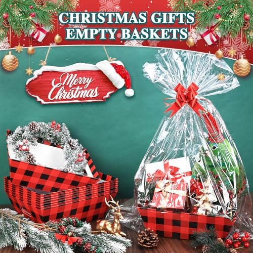 AFOROEOA 10PACK Christmas Gift Baskets Empty, Baskets For Gifts Empty 10x12”Thick Gifts Basket with 10 Bows 10 Bags Gift Basket for Christmas Xmas Wedding Birthdays Party Wrapping （Red Plaid） - Image 2
