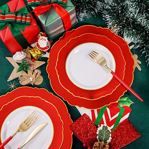 WDF 30Guest Red Plastic Plates - Gold Plastic Silverware With Red Handle - Red Plates Disposable- Baroque Plastic Dinnerware for Wedding Baby Shower Spring Birthday - Image 5