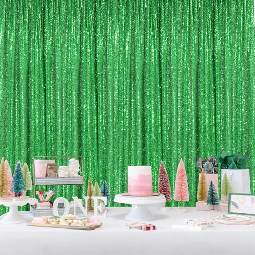 Sequin Curtains Christmas Backdrop 3 Panels Sequin Fabric 2FTx8FT Green - Image 3